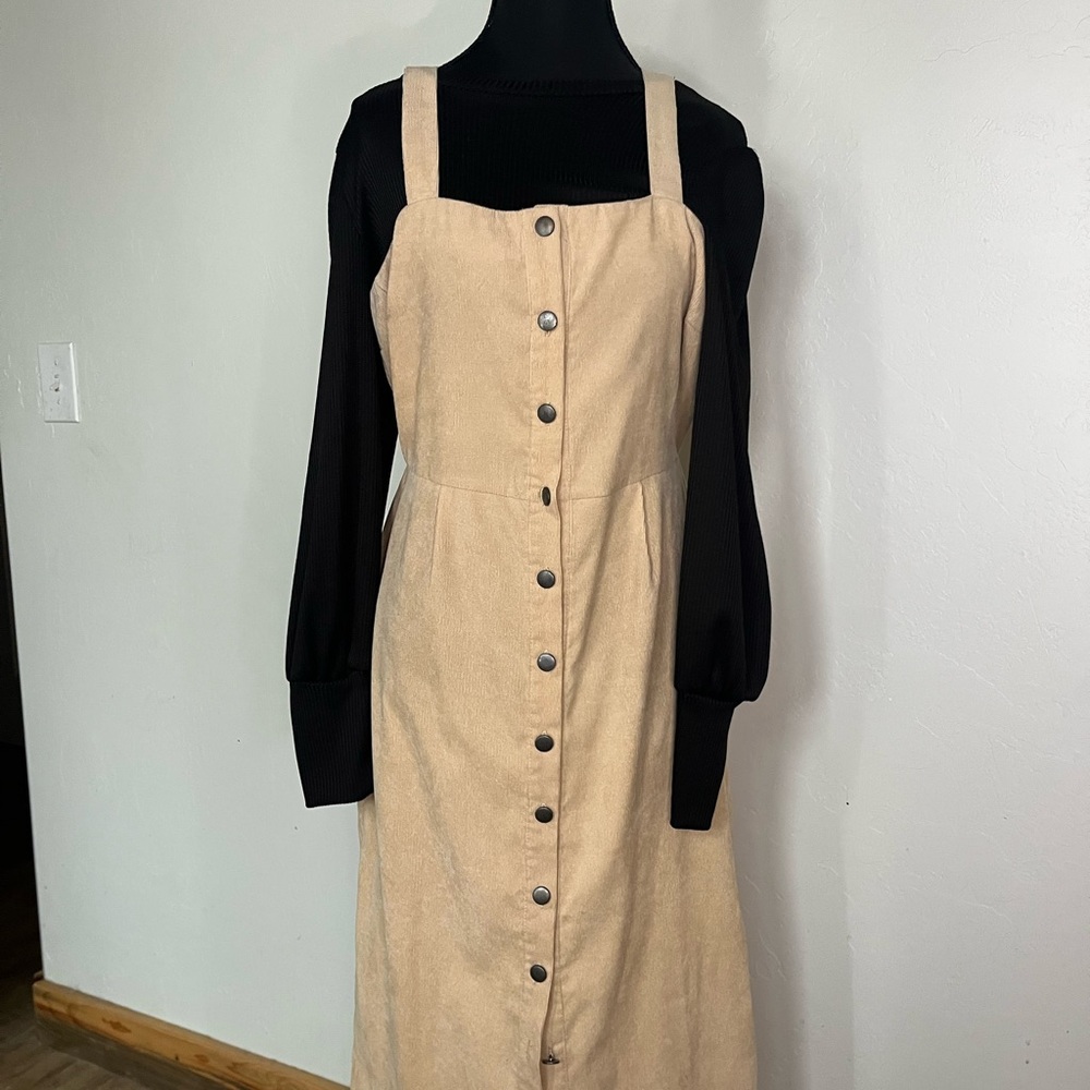 Beige Button-Front Long Sleeve Dress